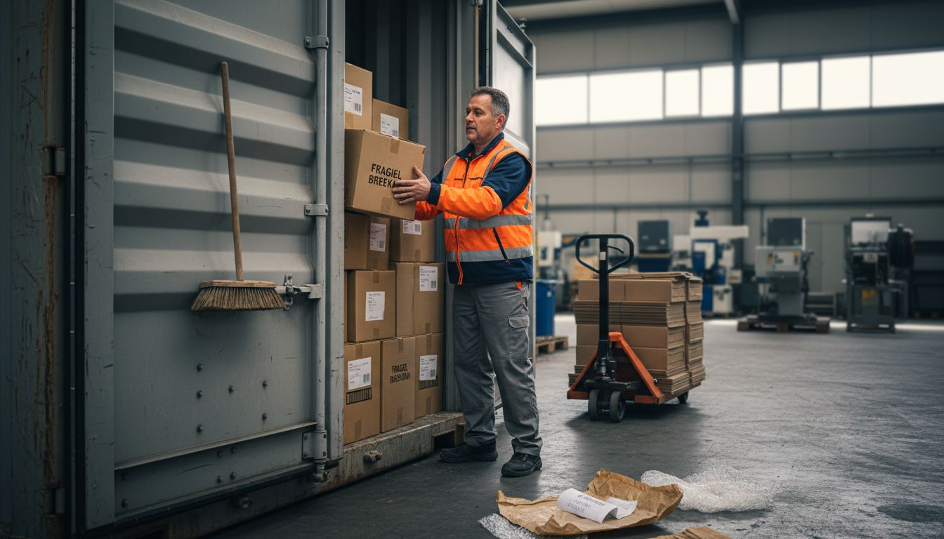 Een medewerker is bezig om dozen op te stapelen in een opslagcontainer.
