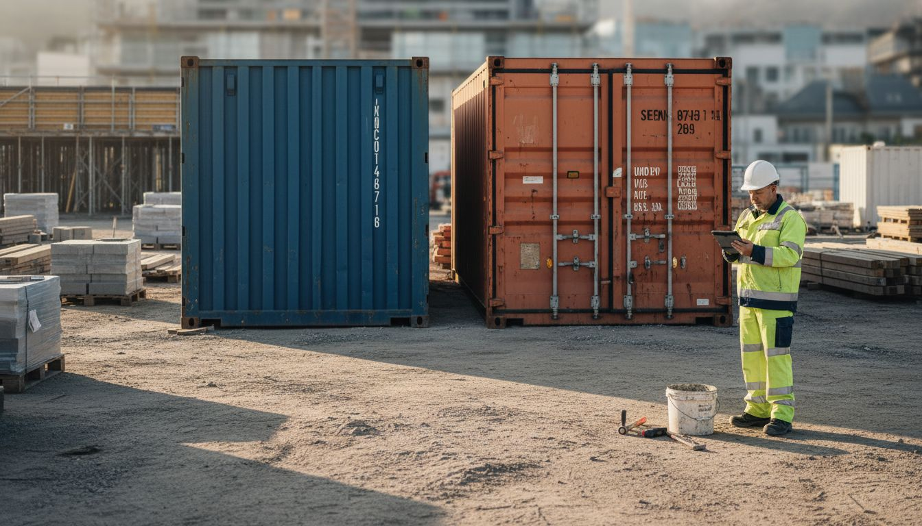 Op het bouwterrein staan zowel nieuwe als gebruikte containers.