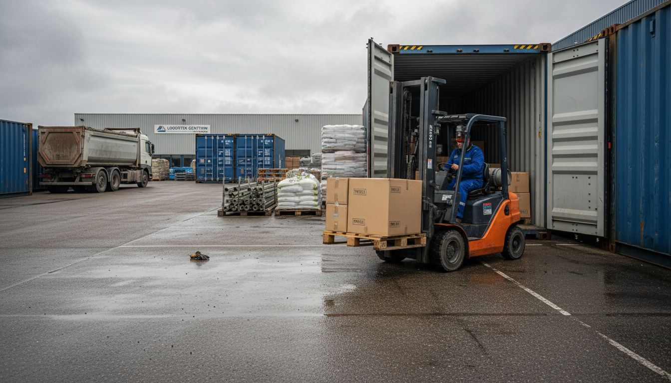 Een heftruck plaatst dozen in een openstaande container.