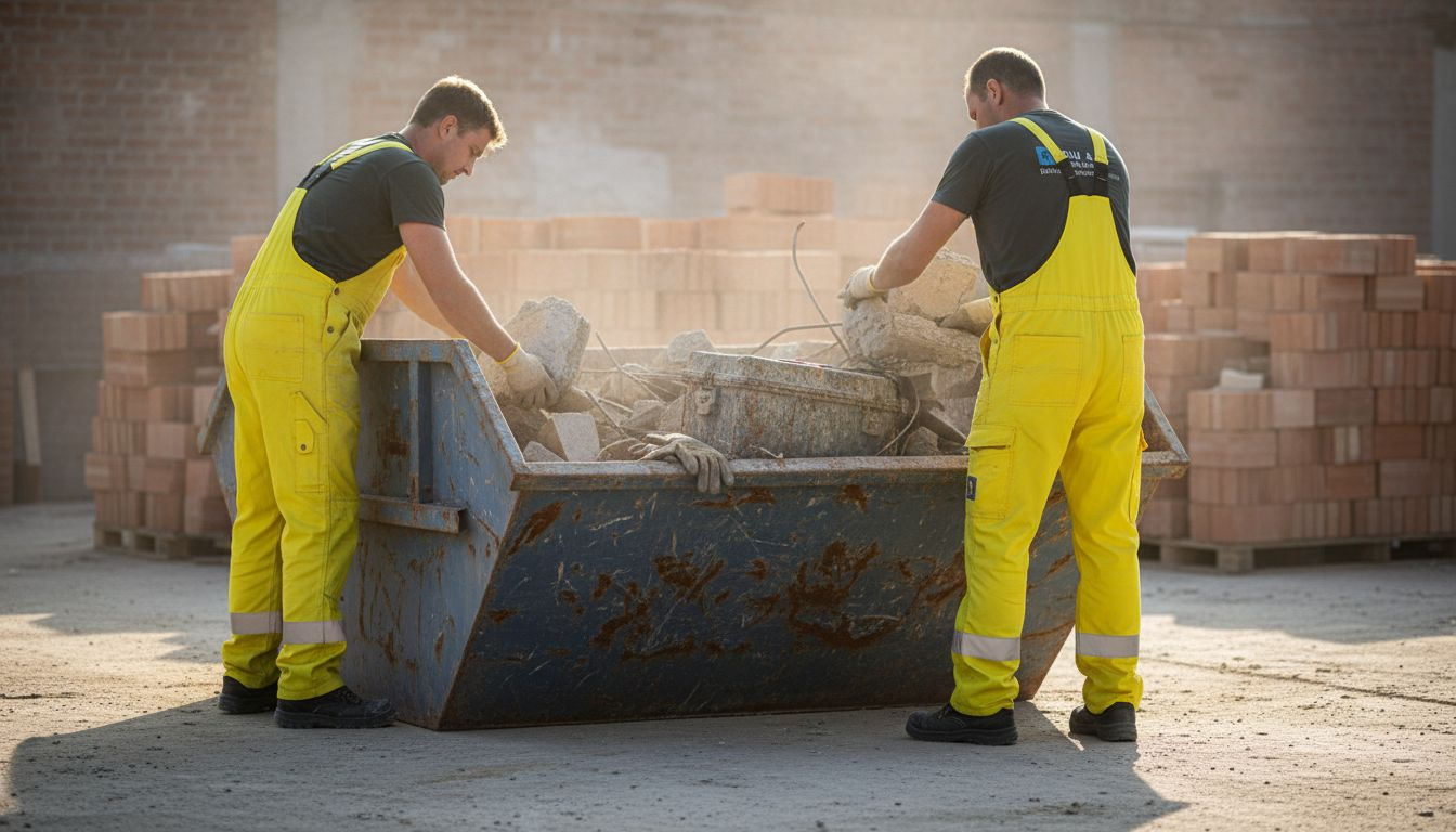 Op het bouwterrein zijn de bouwvakkers bezig om verschillende materialen netjes te scheiden bij de container.