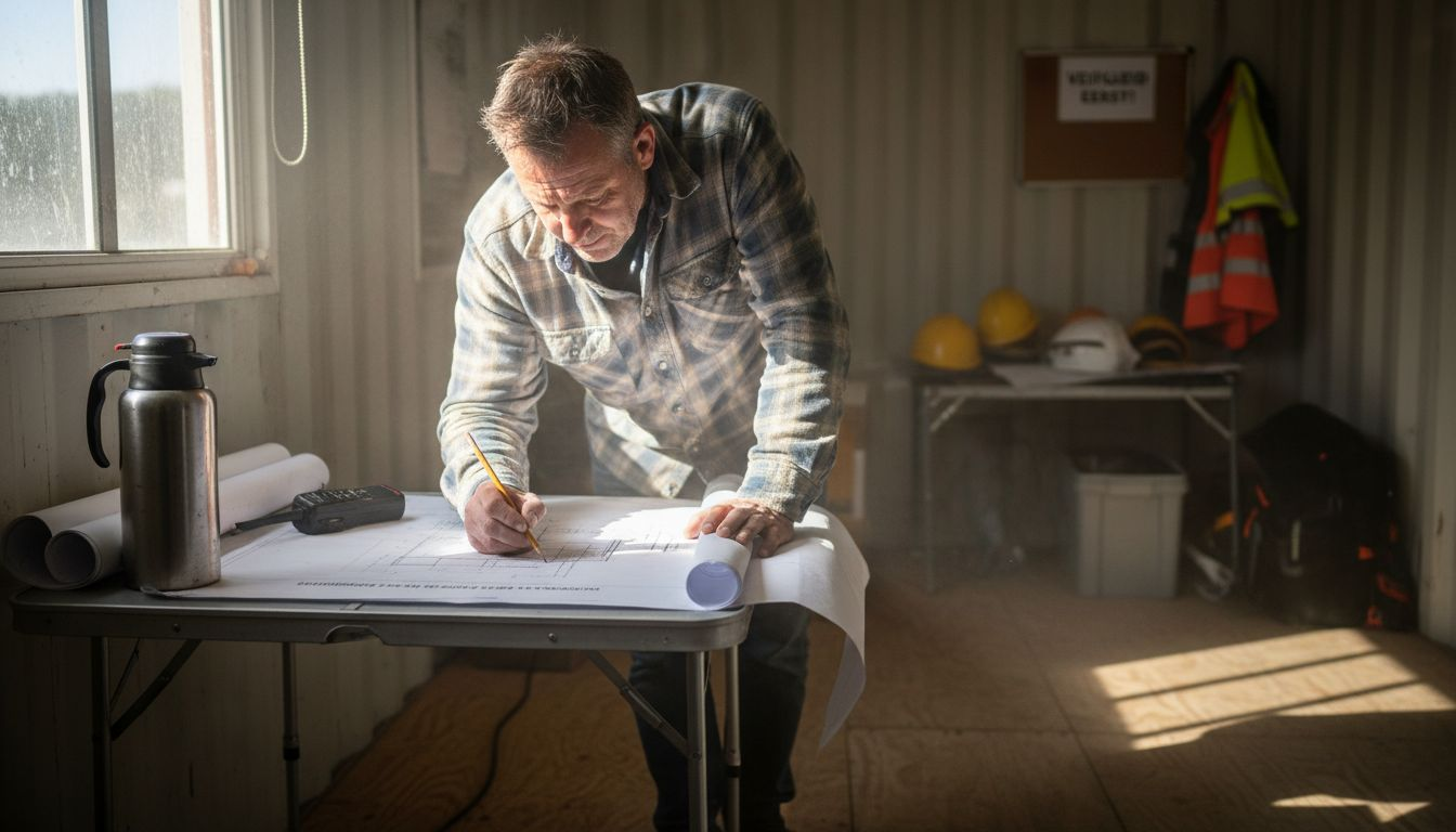 De uitvoerder bekijkt bouwtekeningen in zijn kantoorcontainer.