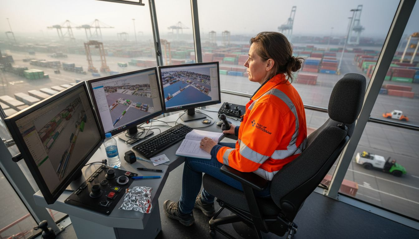 De operator is aan het werk bij een volledig geautomatiseerde containerkraan.