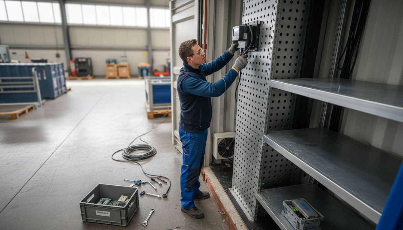 Een monteur plaatst op maat gemaakte sensoren in containers.