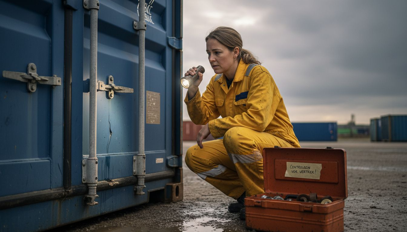 Een medewerker loopt langs de container om te checken of de deur goed beveiligd is.