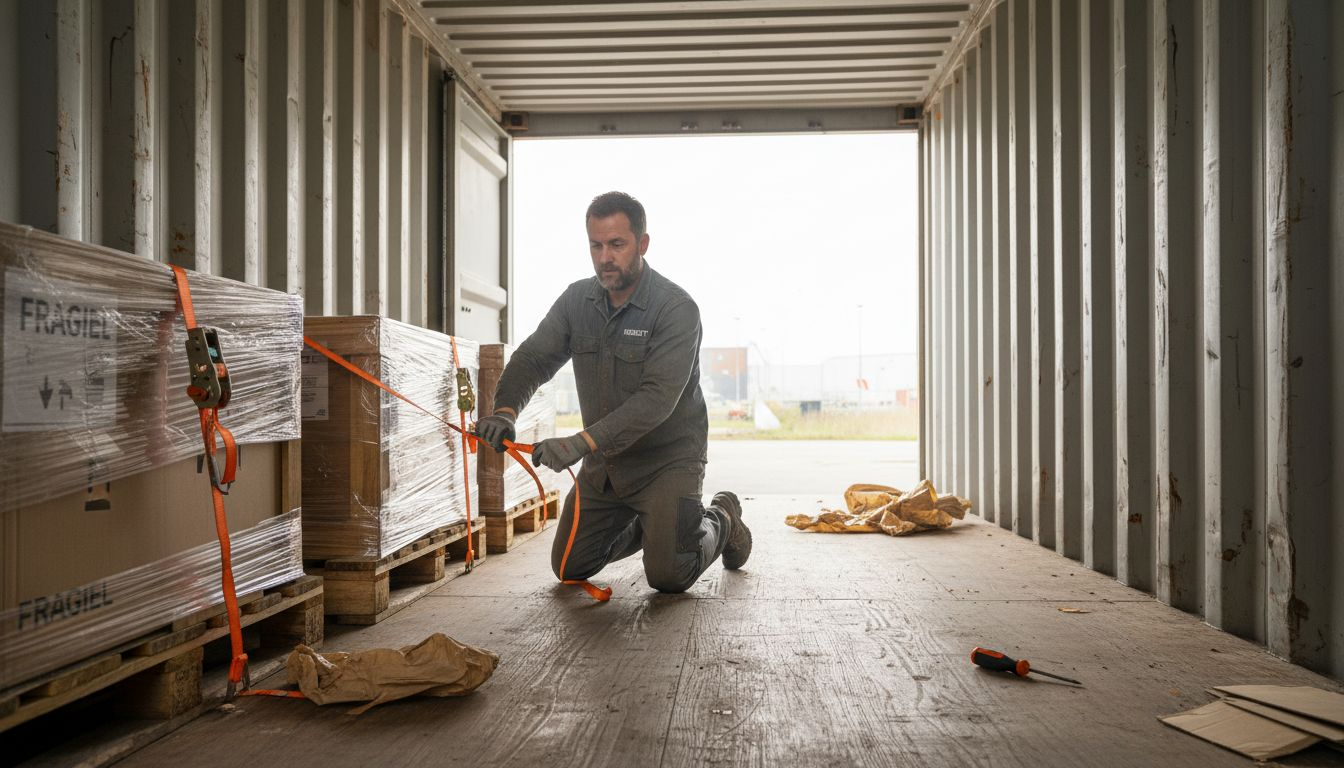Een medewerker zet pallets vast met spanbanden in een container.