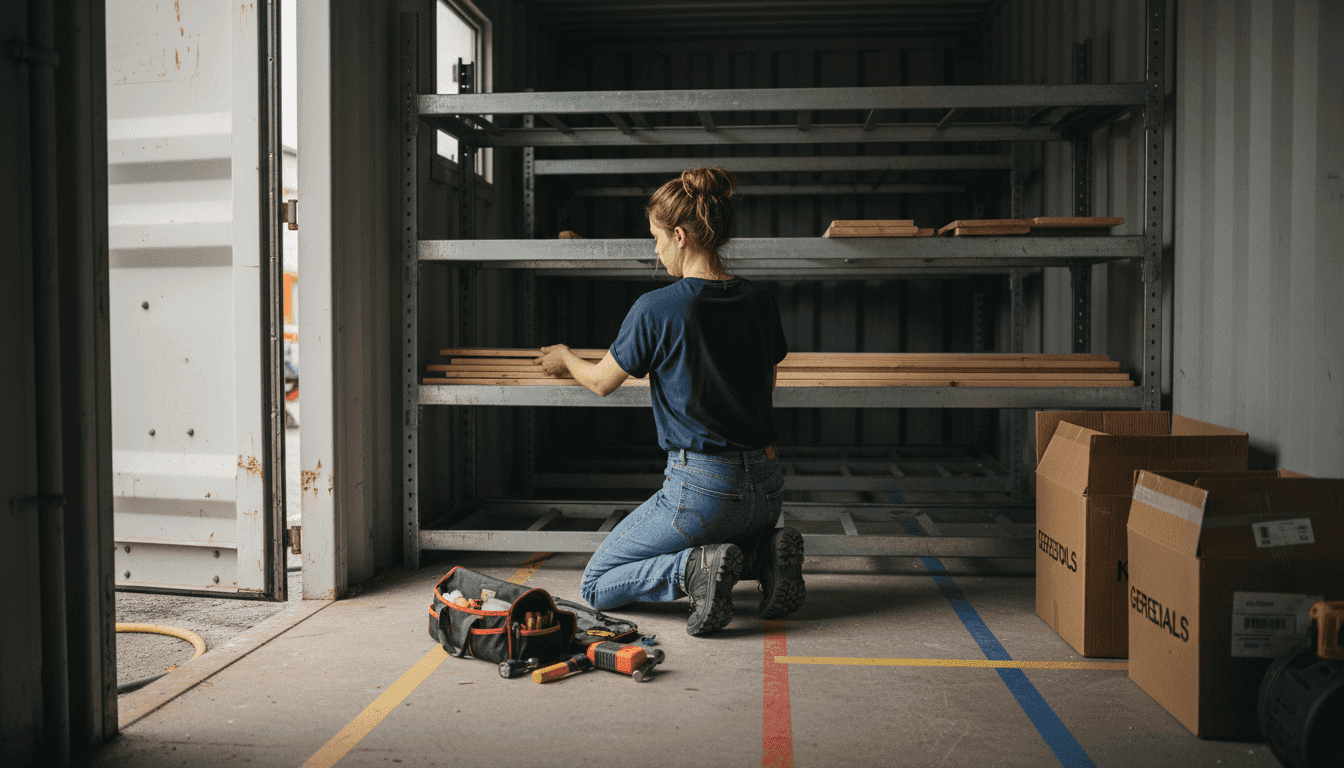 Een vrouw legt houten planken netjes in een container met verschillende vakken.