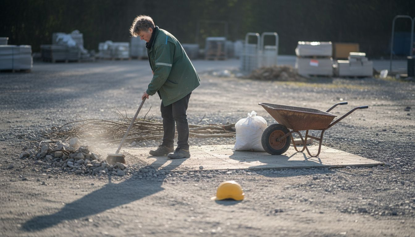 Medewerkster ruimt het terrein rond de container op