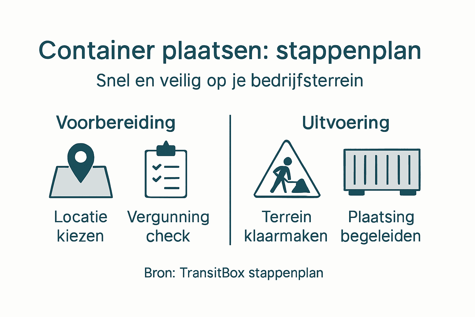 Overzichtelijke infographic met de belangrijkste stappen en aandachtspunten voor het plaatsen van een container