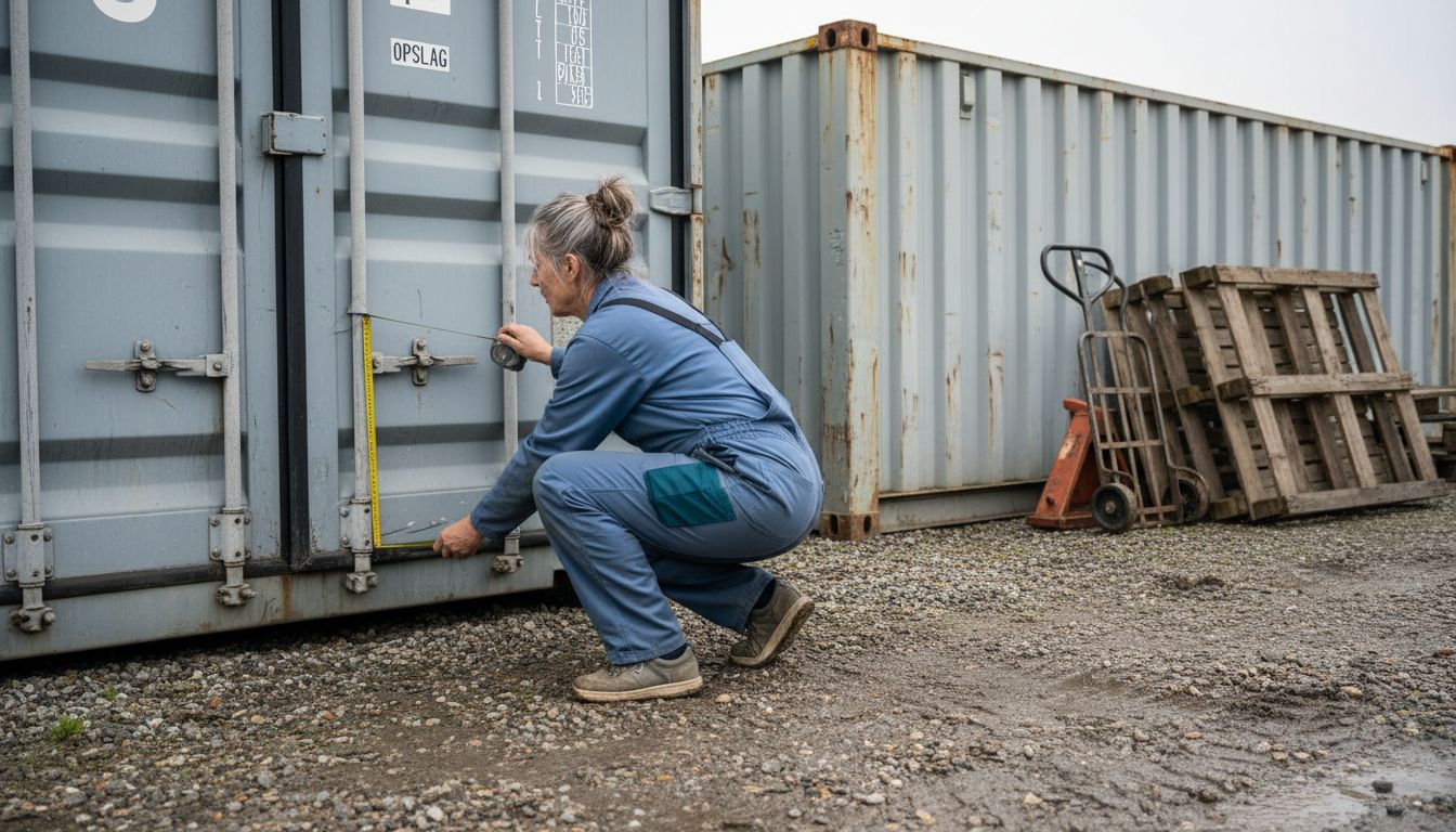 Een medewerker controleert de afmetingen van diverse containers.