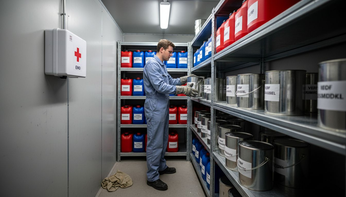 Werknemer aan het werk in een container met gevaarlijke stoffen