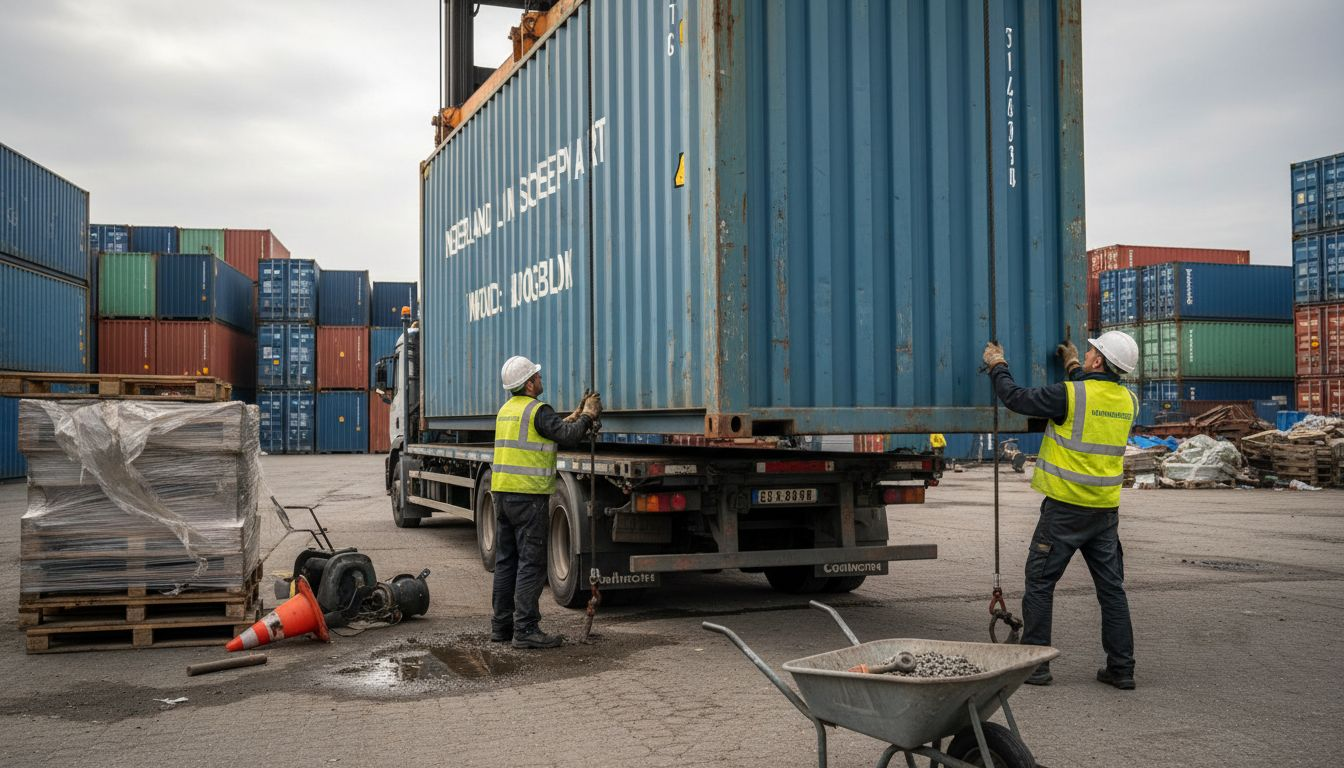 Medewerkers zijn bezig een high-cube container op een vrachtwagen te laden.