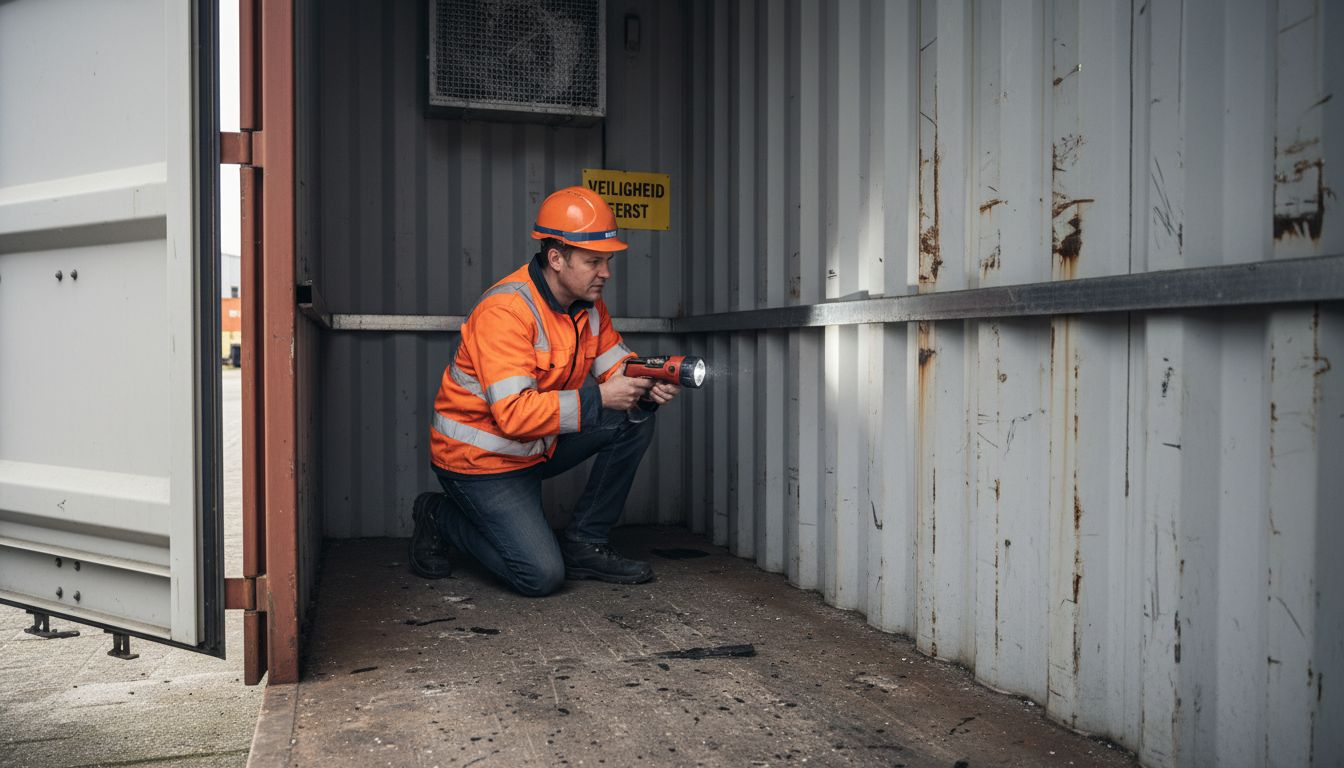 Een veiligheidsinspecteur bekijkt of de containerwand voldoet aan de eisen voor brandveiligheid.