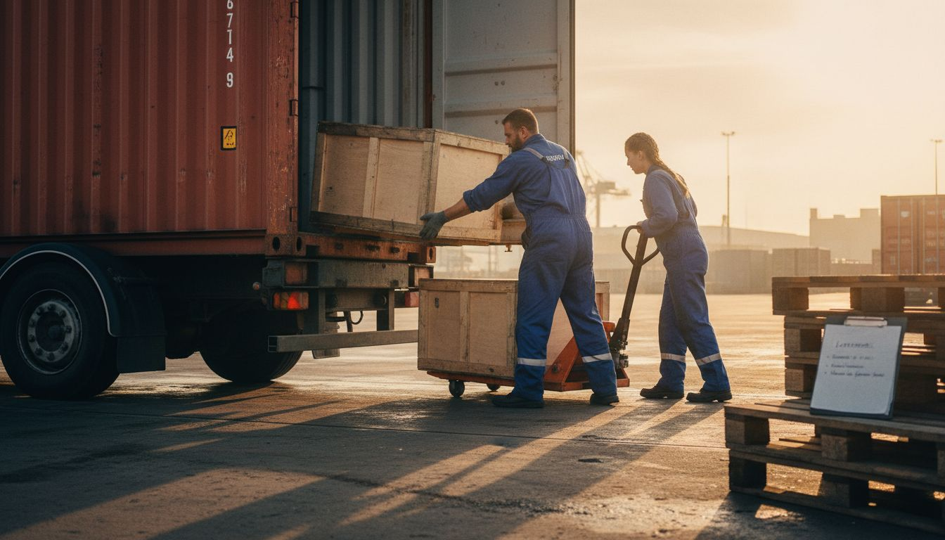 Havenarbeiders zijn in alle vroegte bezig met het lossen van een zeecontainer.