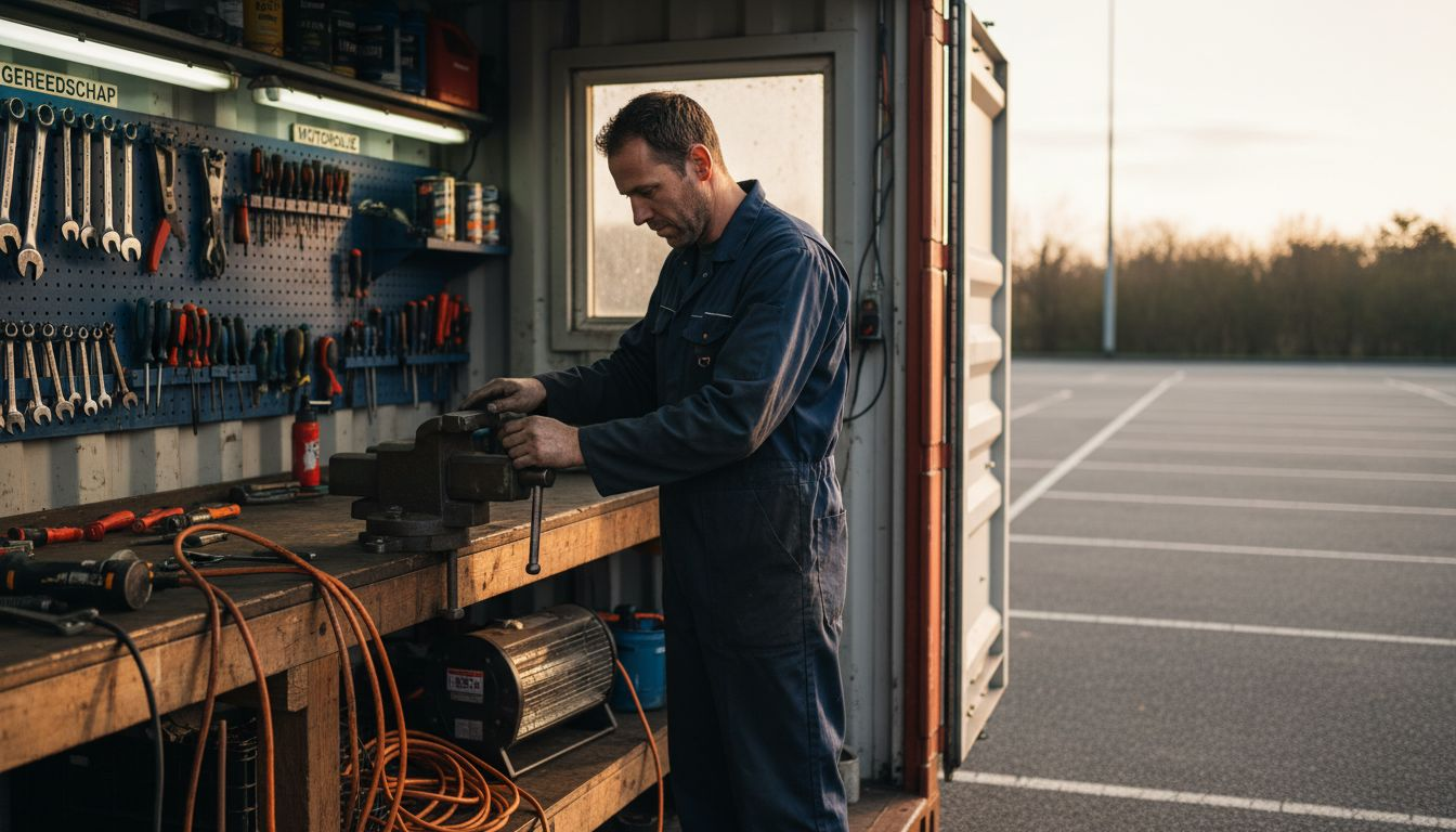 Monteur aan het werk in een werkplaatscontainer
