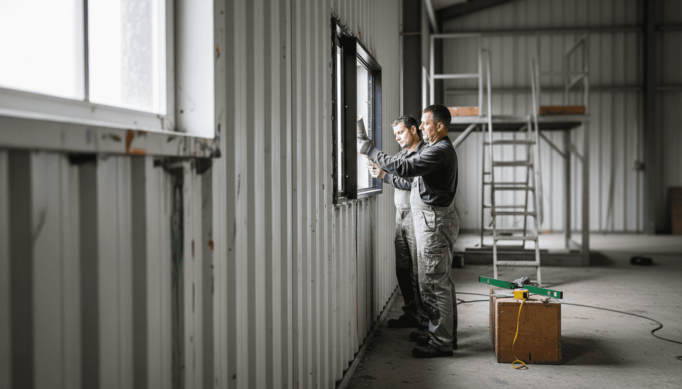 Een raam plaatsen in de wand van een container