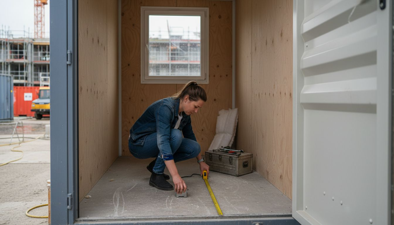Een technisch tekenaar voert metingen uit aan de binnenkant van een werkcontainer.
