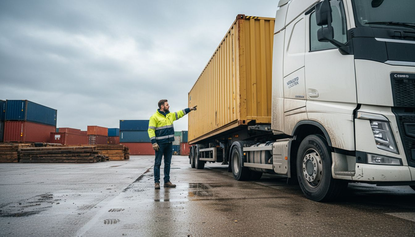 De chauffeur plaatst de container op het terrein van het bedrijf.