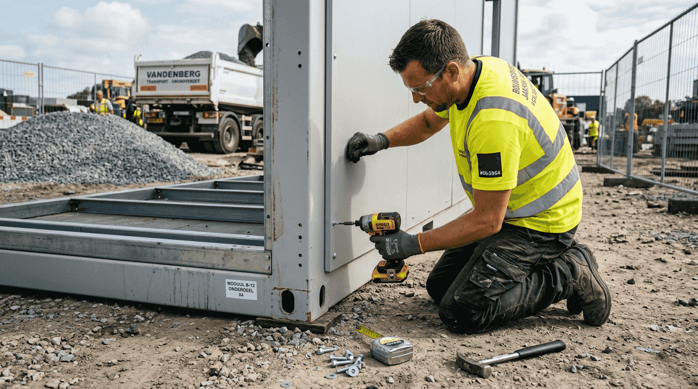 Een technicus plaatst een container op het bouwterrein.