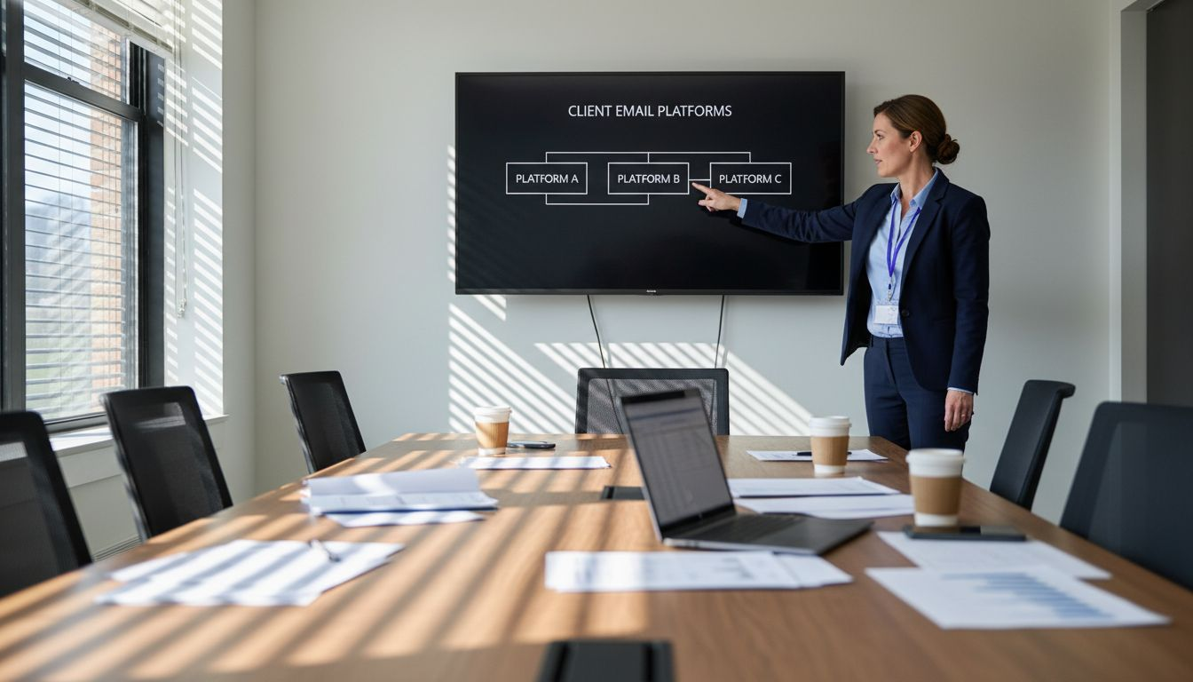 Woman presenting email platform on large screen