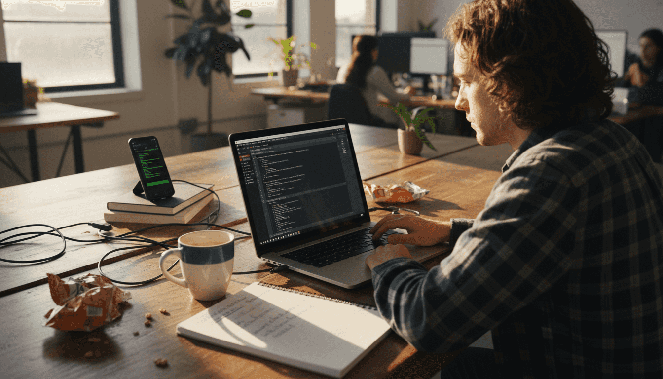 Developer coding email API integration at agency