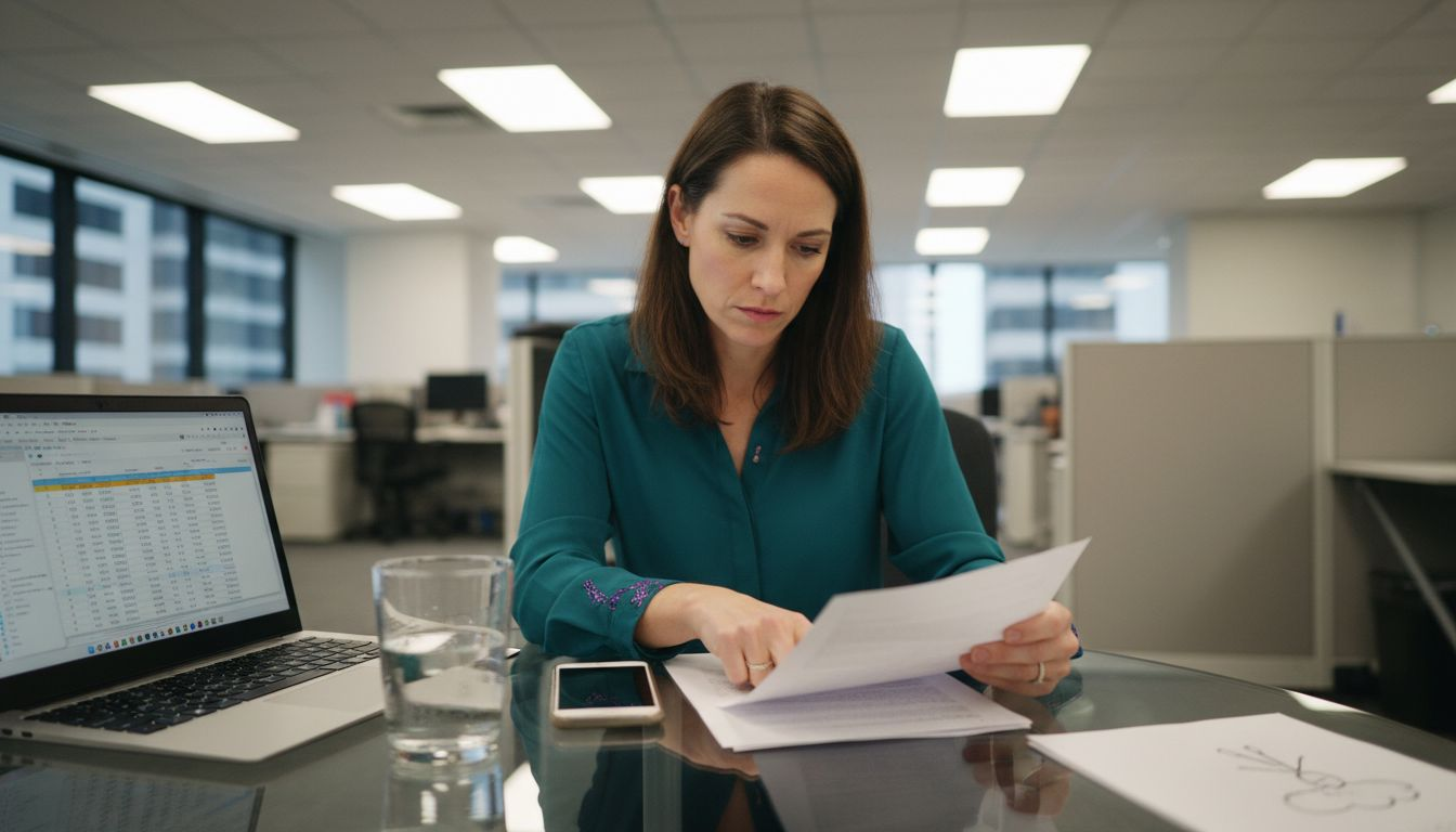 Professional analyzing printed email metadata in meeting room