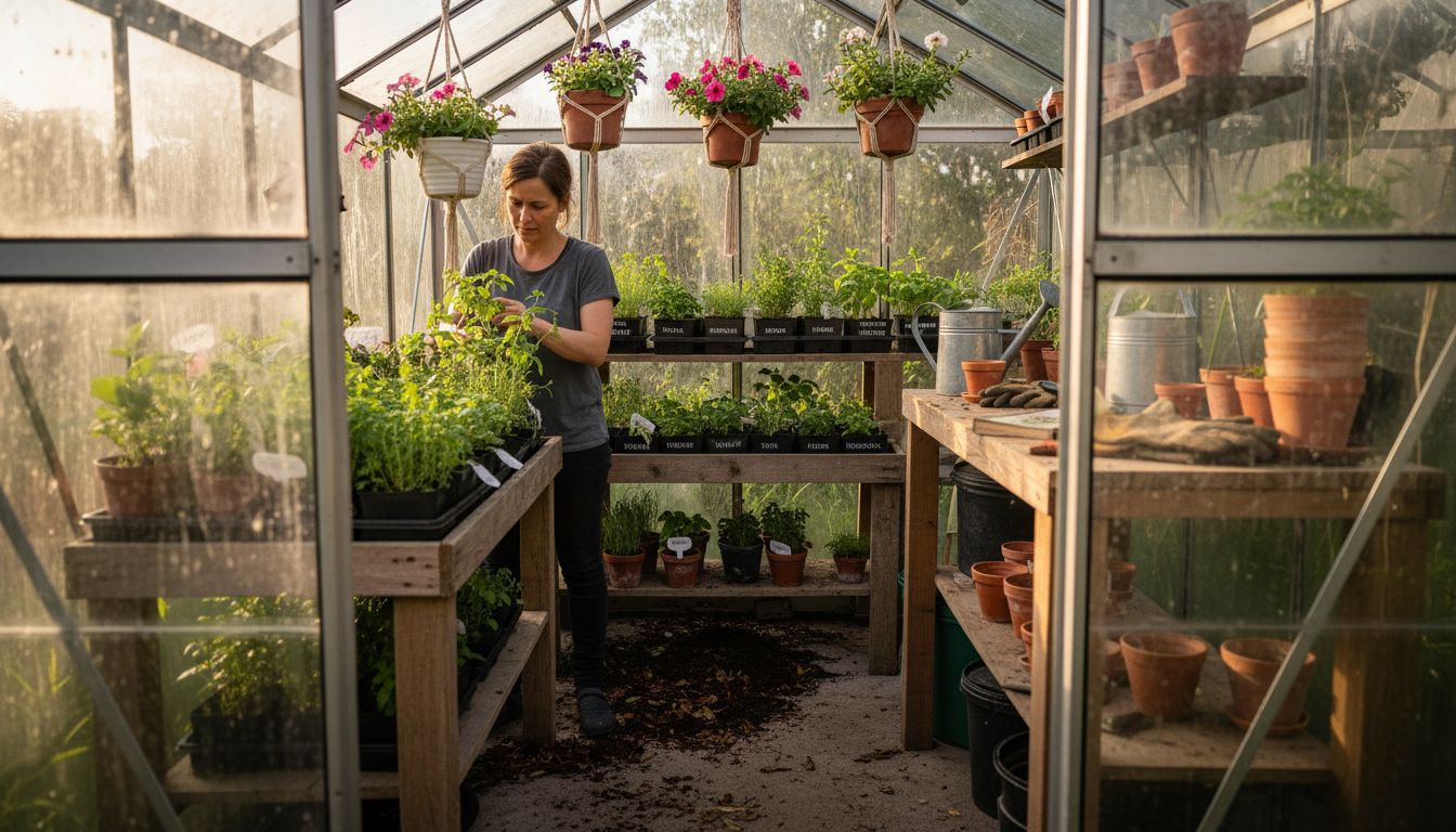Et ryddig, lite drivhus med hyller fulle av grønne planter.