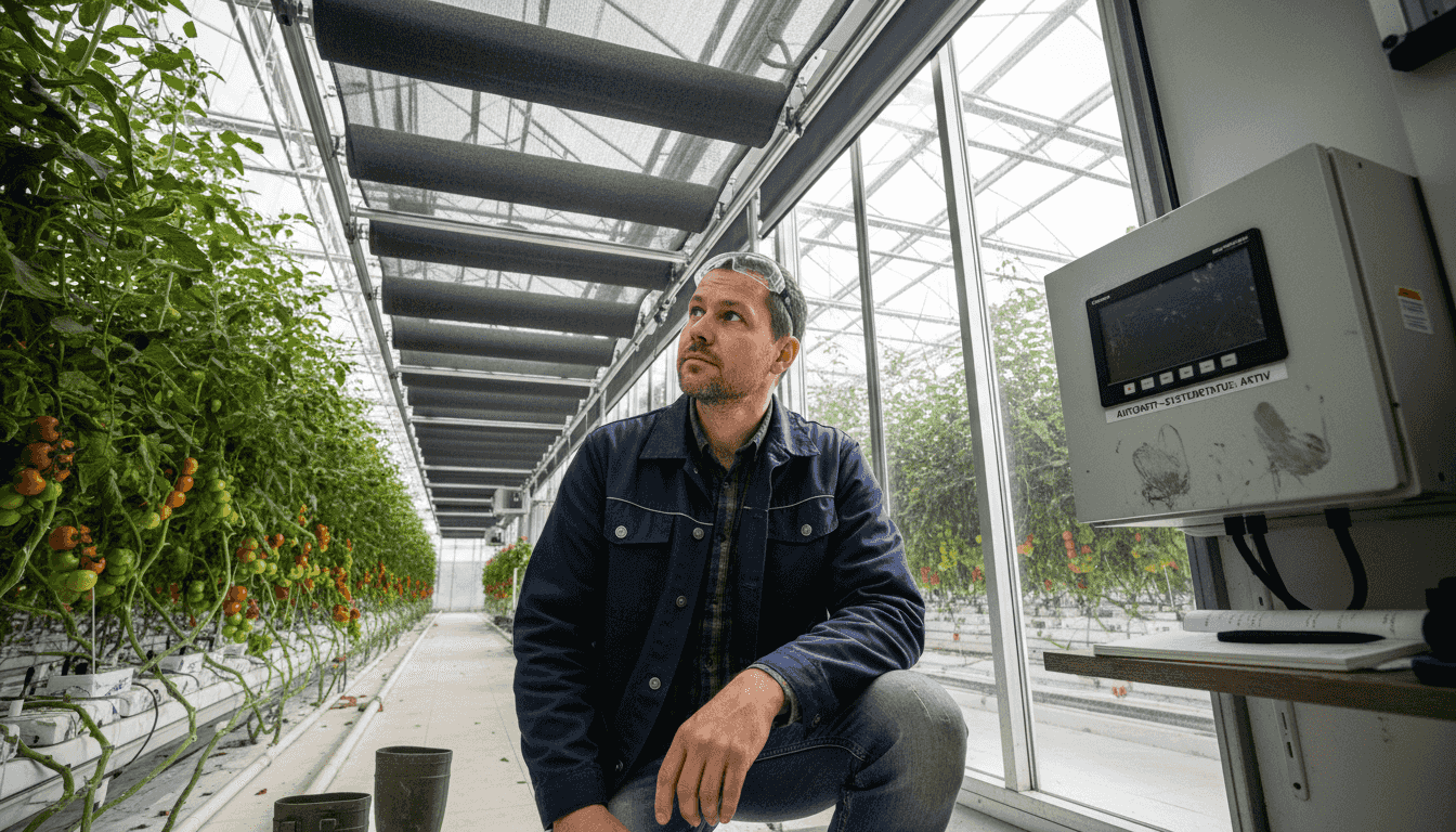 En ingeniør sjekker skyggenettet i et moderne veksthus.