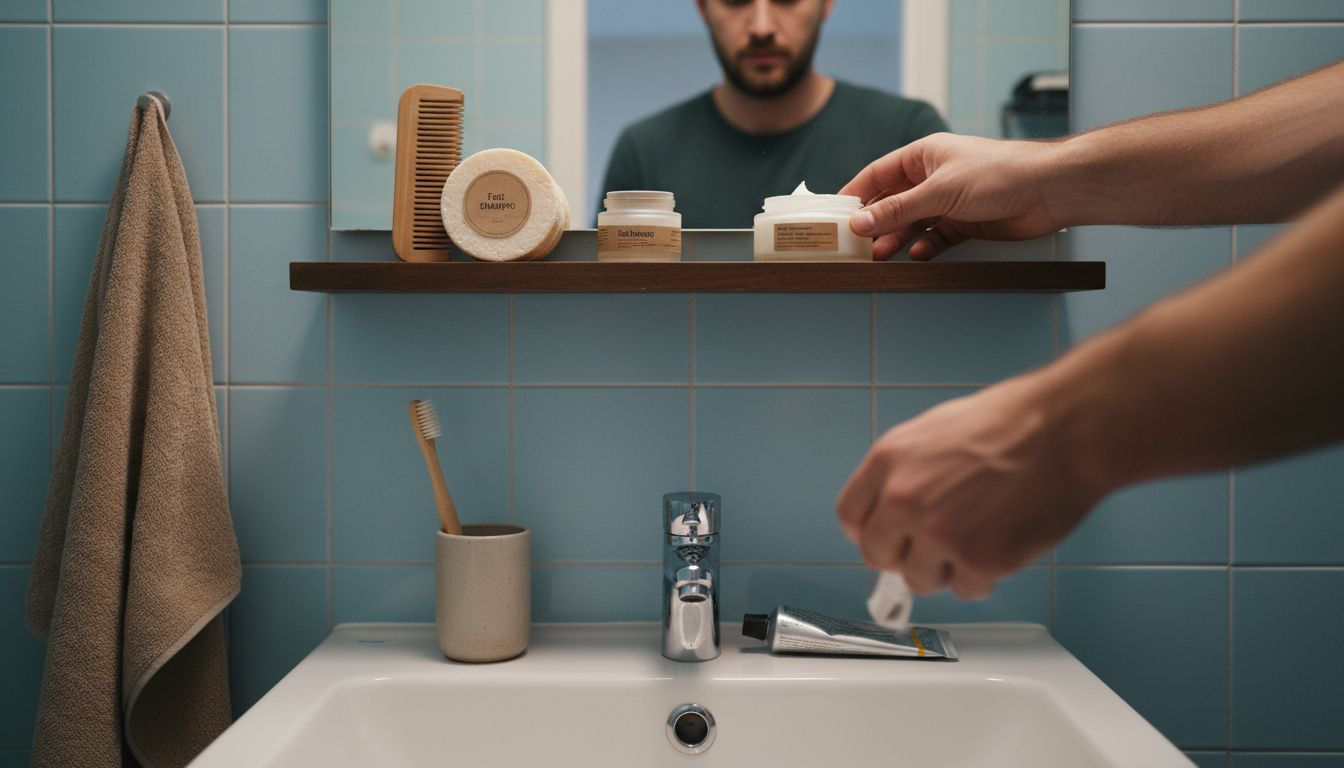 Mand v&aelig;lger plastfri plejeprodukter til badev&aelig;relseshylden