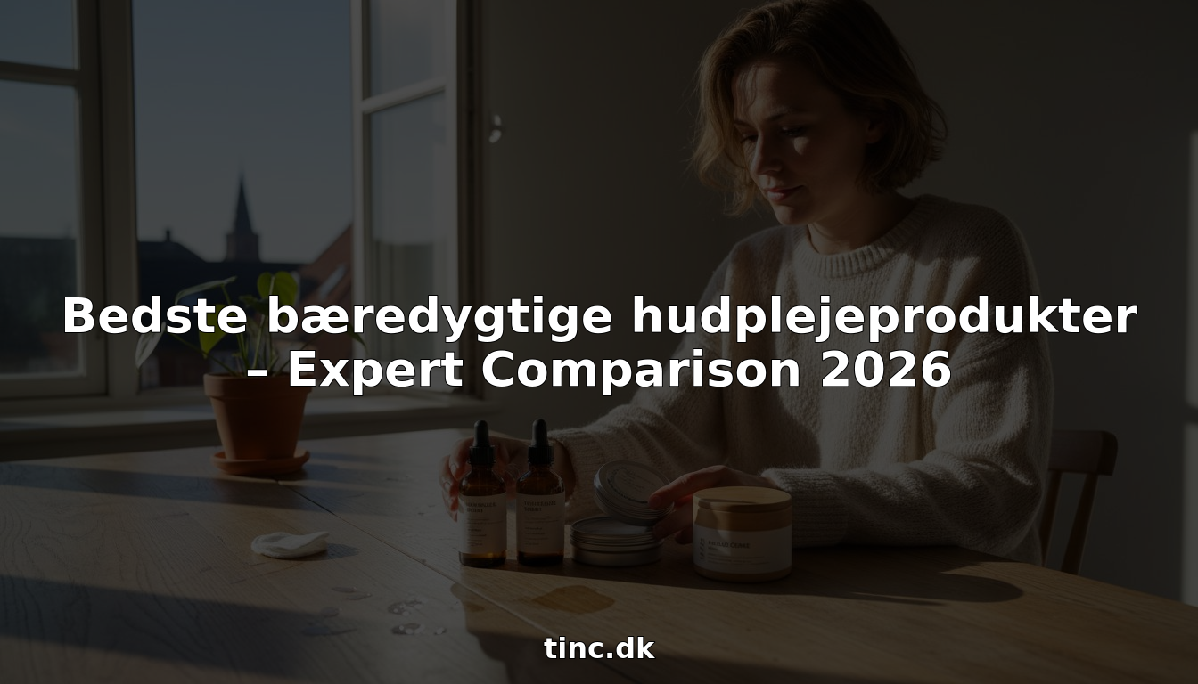 En kvinde stiller b&aelig;redygtige hudplejeprodukter p&aelig;nt op p&aring; et tr&aelig;bord.