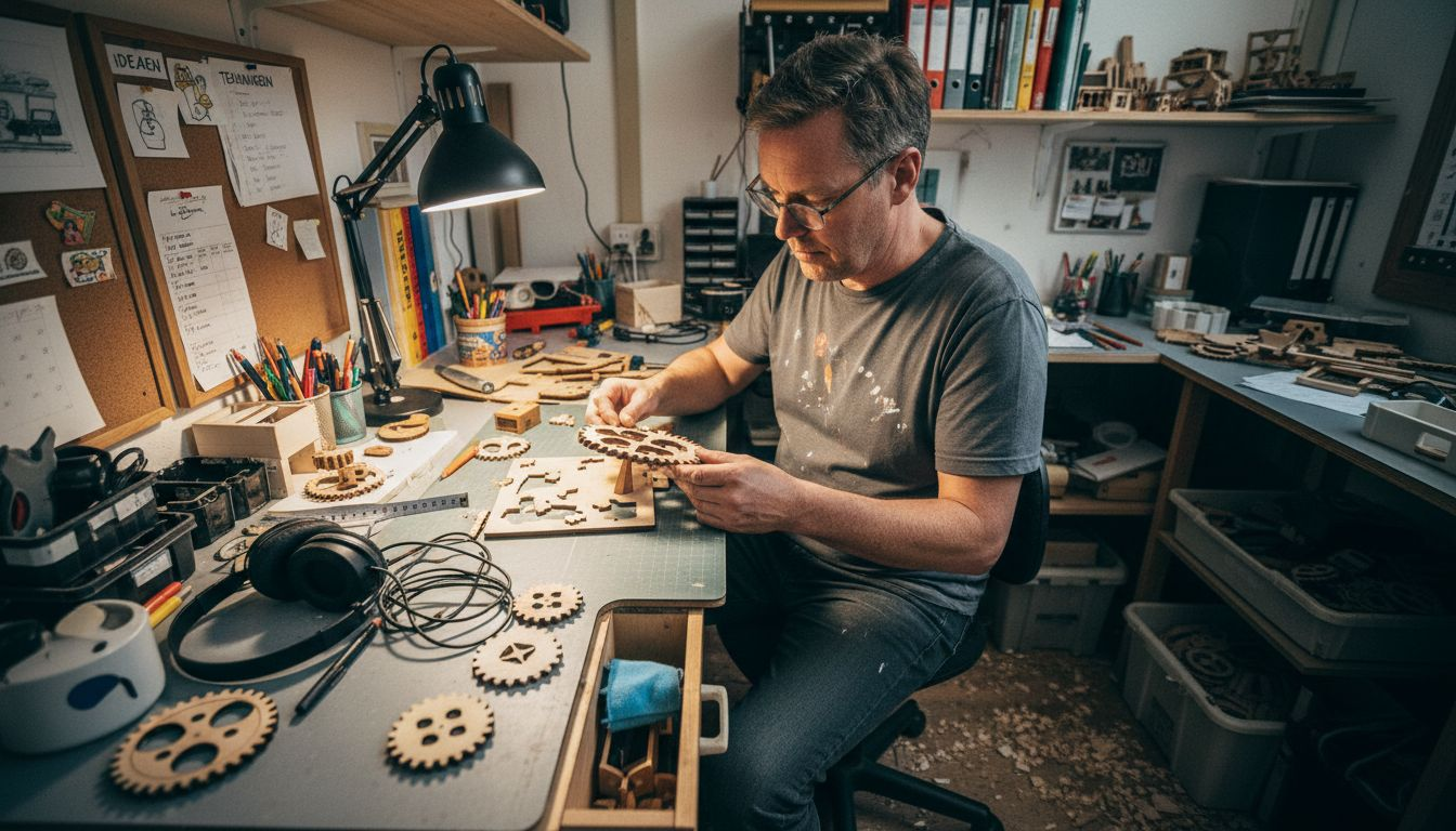 Een speelgoedontwerper bestudeert een houten puzzel.