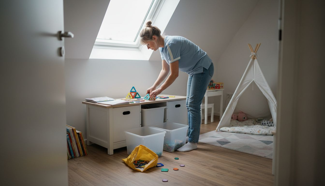 Een volwassene is bezig om magnetisch speelgoed te sorteren in de kamer.