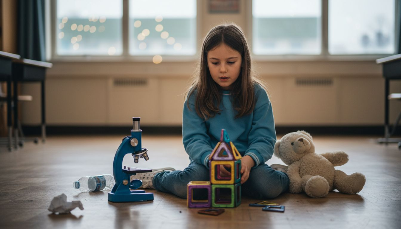 Een meisje is lekker aan het spelen met allerlei educatief speelgoed.