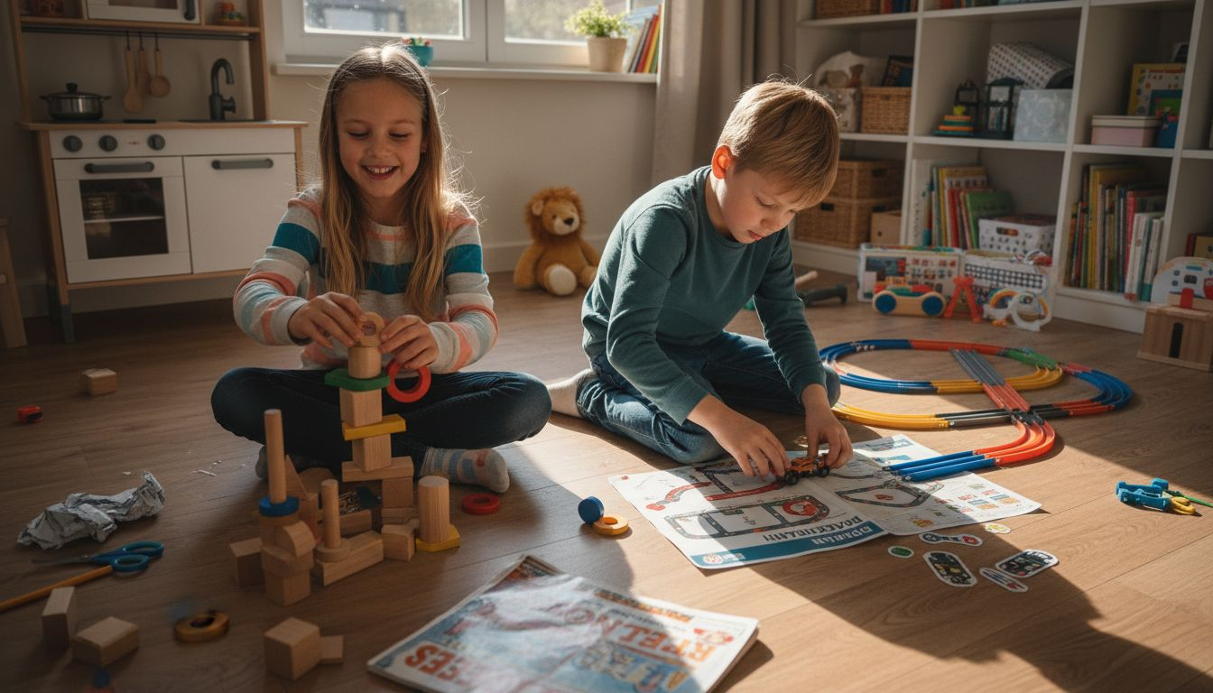 Kinderen zijn druk in de weer met allerlei soorten speelgoed.