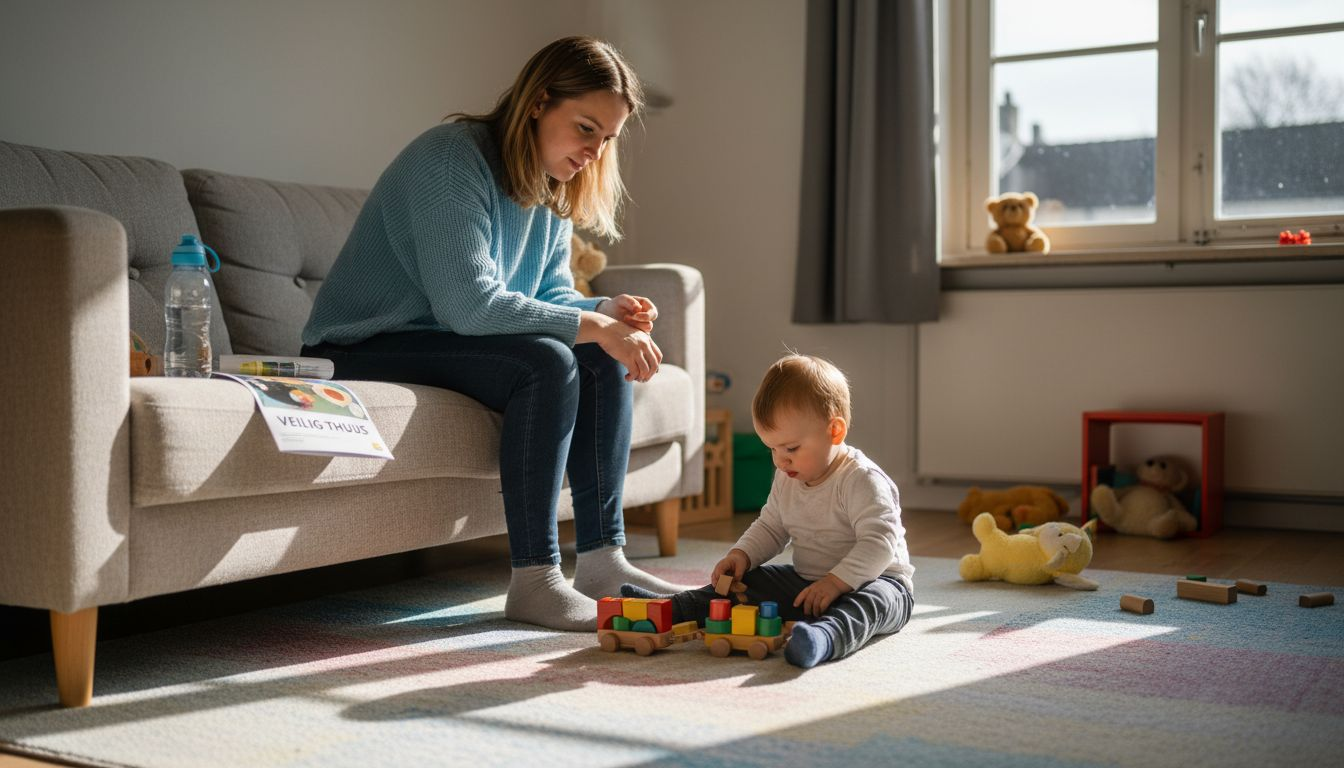 Een moeder kijkt toe terwijl haar kind veilig aan het spelen is.