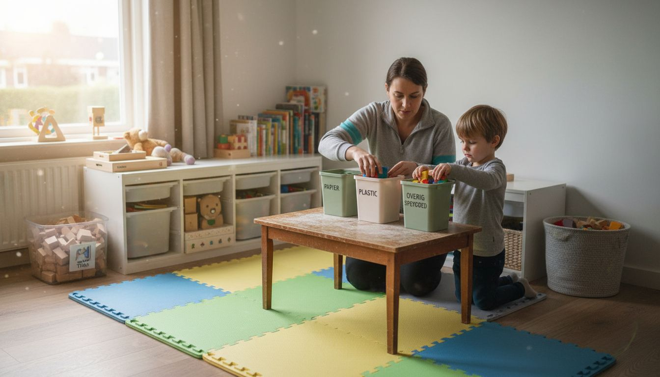 Samen creëren ouder en kind een gezellige speelhoek.