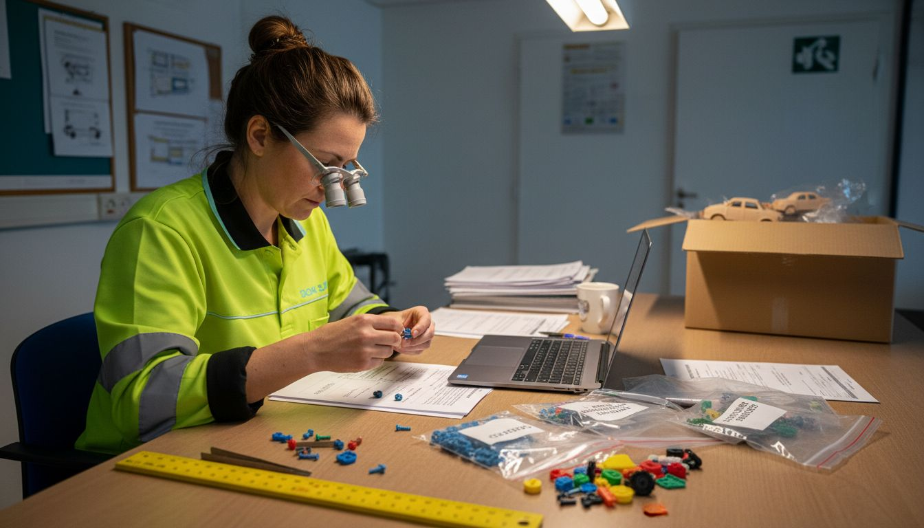 Een inspecteur controleert speelgoedonderdelen op mogelijke gevaren.