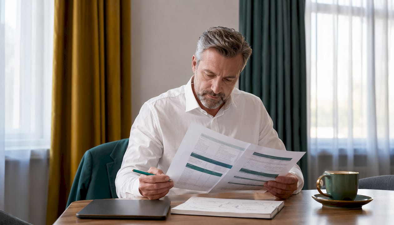 Ein Hotelmanager verschafft sich einen Überblick über verschiedene Broschüren zu Buchungssoftware.