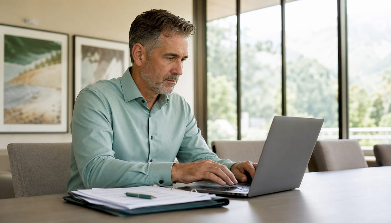 Der Hotelmanager sitzt in seinem Büro und erledigt am Laptop wichtige Aufgaben.