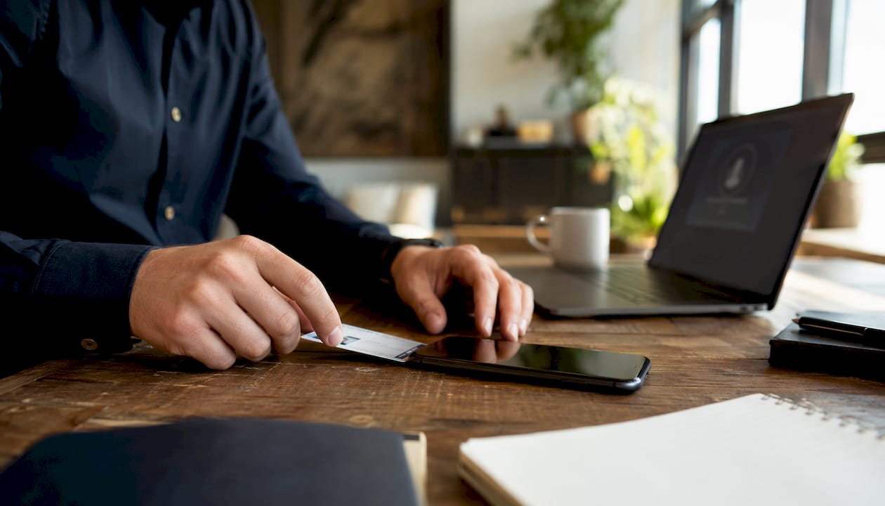 Mit einer Hand wird der Ausweis neben das Smartphone auf den Schreibtisch gelegt.