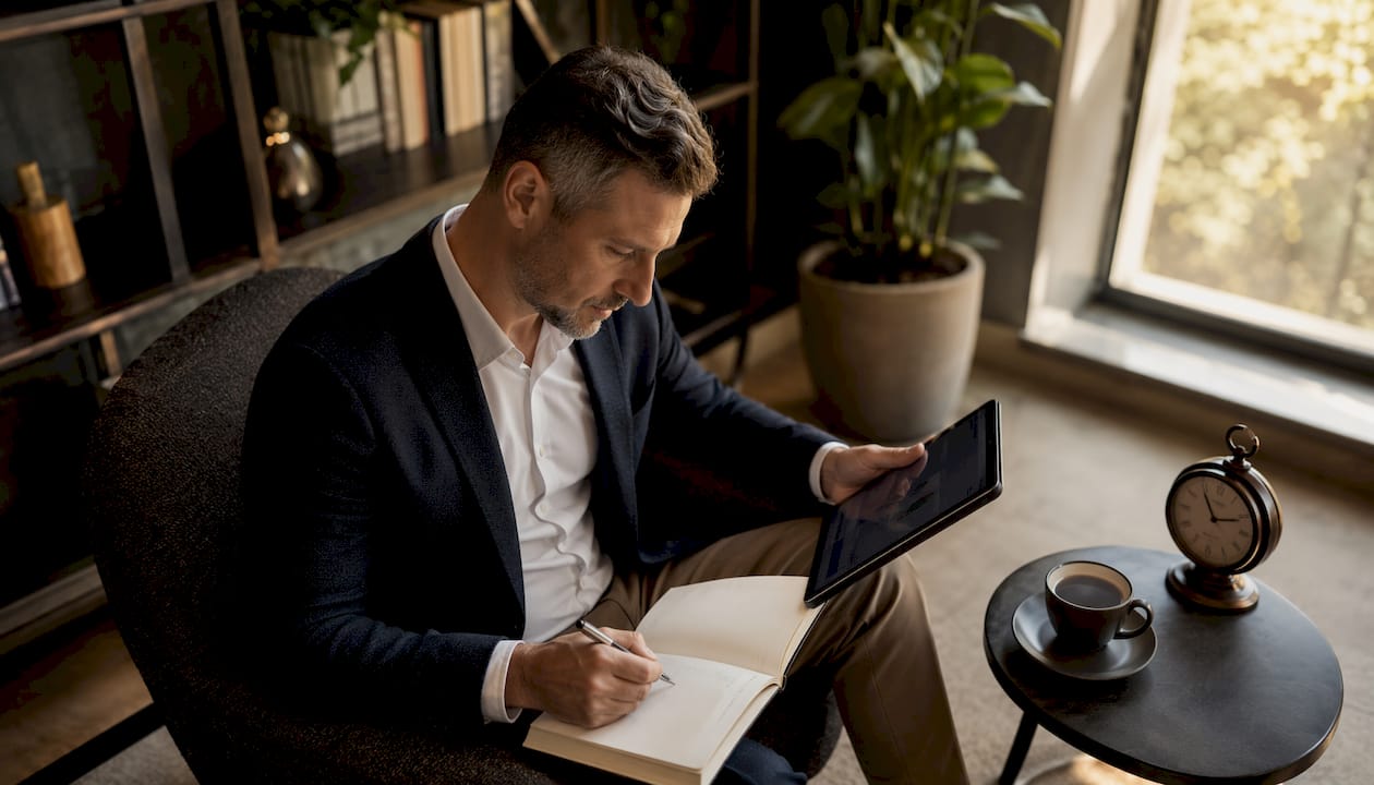 Der Hotelmanager wirft im Büro einen Blick auf die Auswertungen der Hotelsoftware.