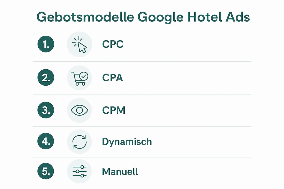 Übersicht der Gebotsstrategien bei Google Hotel Ads – als anschauliche Infografik