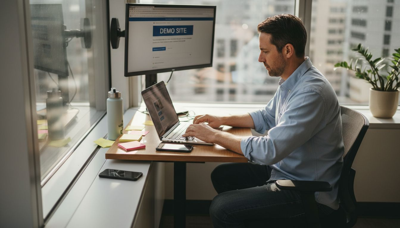 Web designer editing layout in sunny office