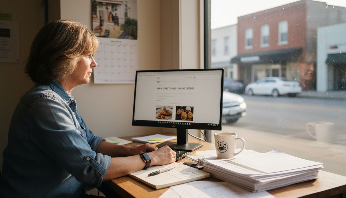 Business owner reviewing custom website in storefront office