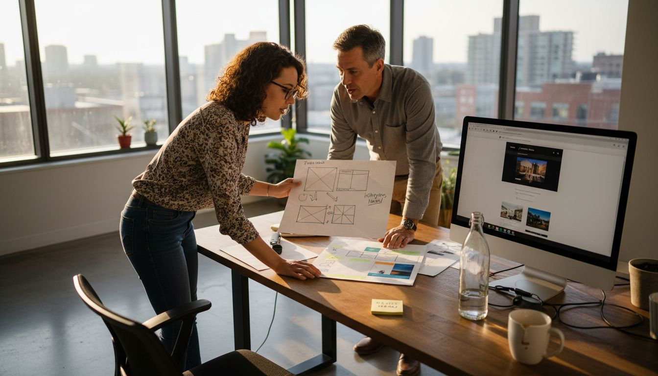 Designer and client reviewing custom website wireframe