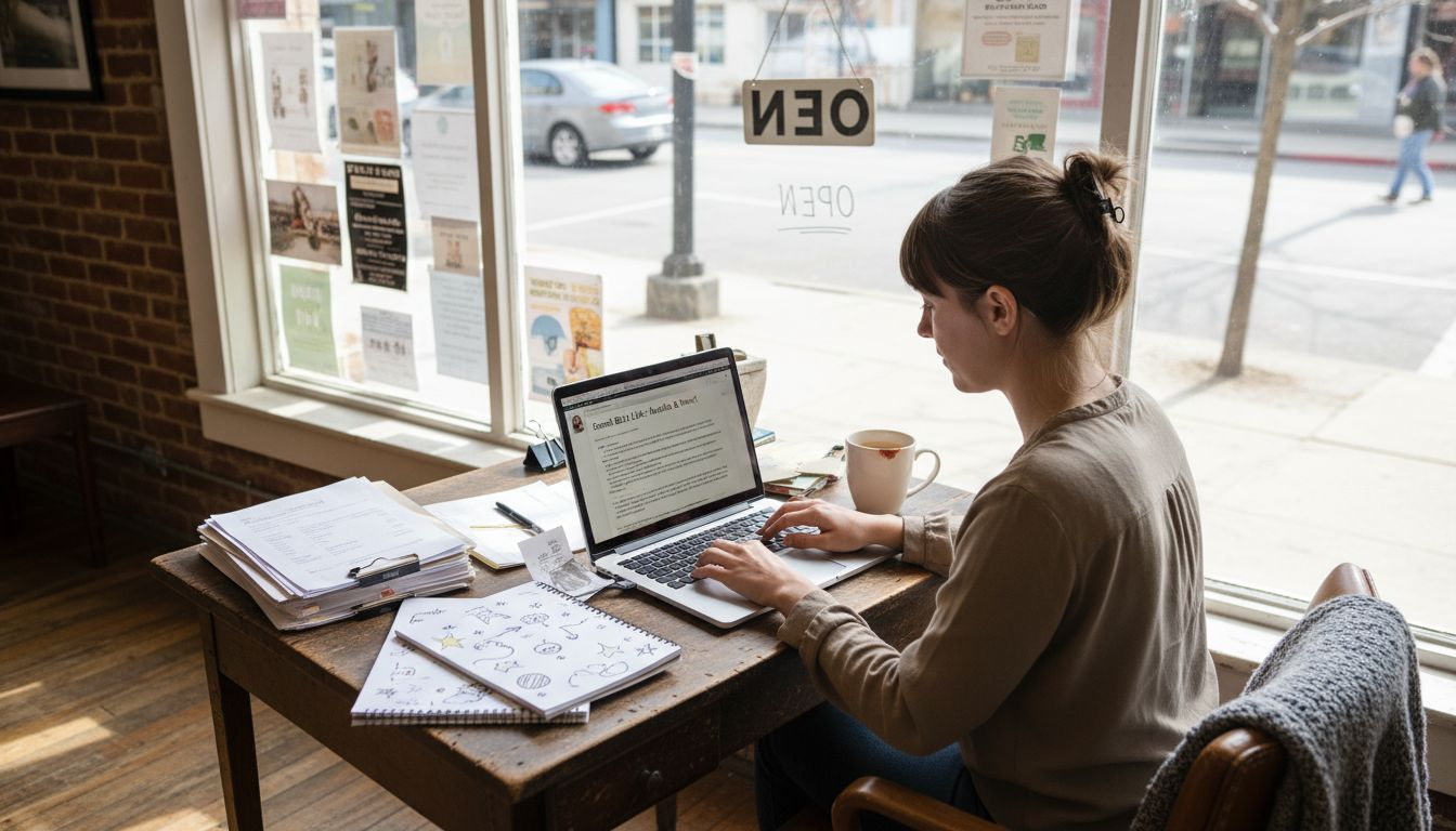 Owner blogs at main street shop desk
