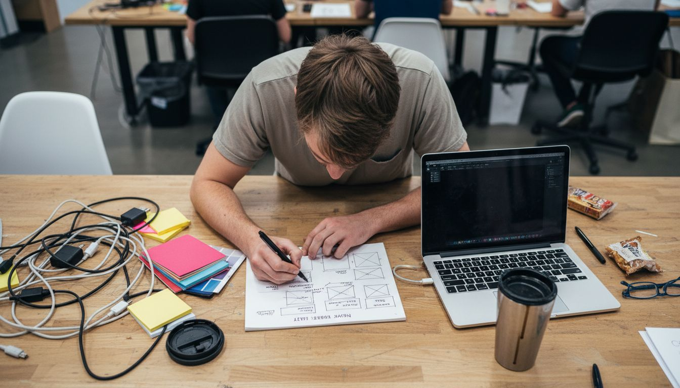 Designer sketching website layout at creative desk