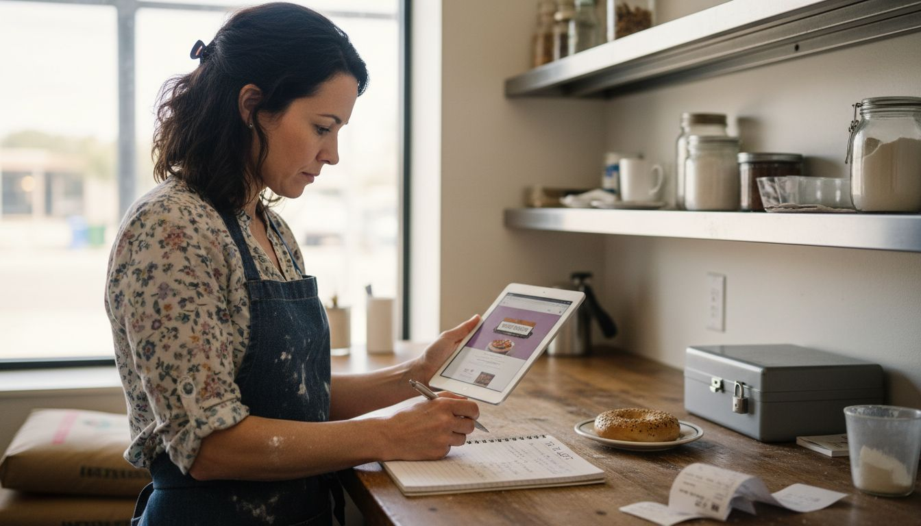 Small business owner reviewing bakery website