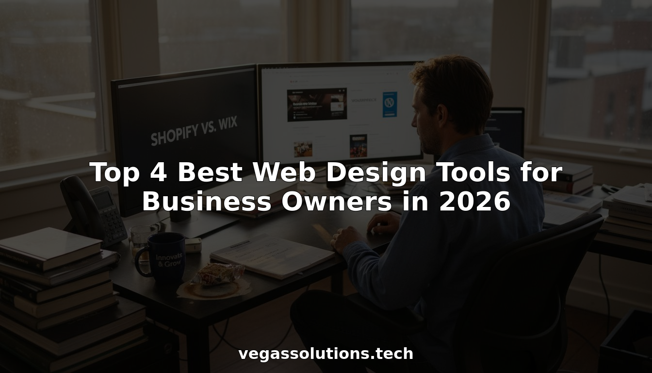 Business owner comparing web design tools at cluttered desk