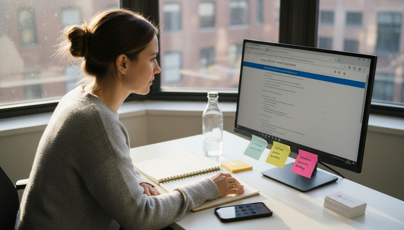 Service business owner reviewing SEO search results