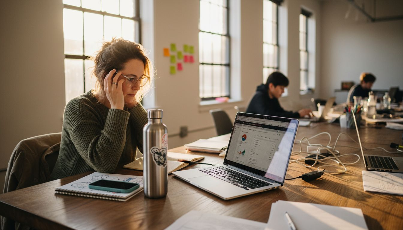 Business owner reviewing managed website in workspace